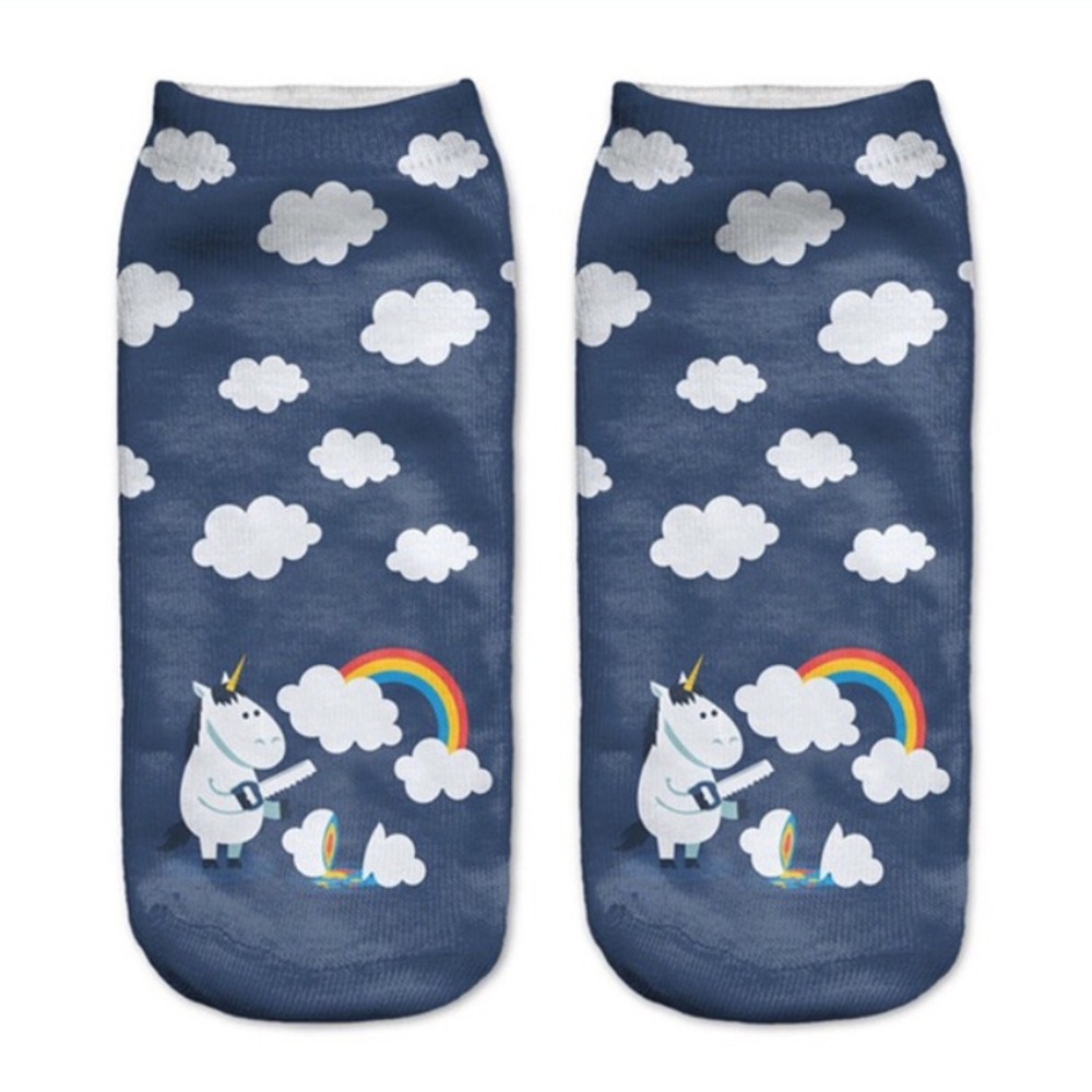 NOVELTY RAINBOW UNICORN Chainsaw Cloud Printed Cotton Boat Funny Sock